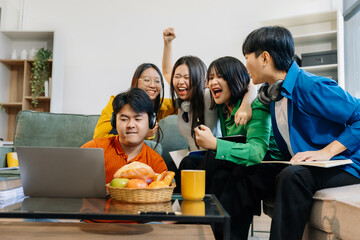 Lifestyle people. happy people of college students excited overjoyed examination results with good...
