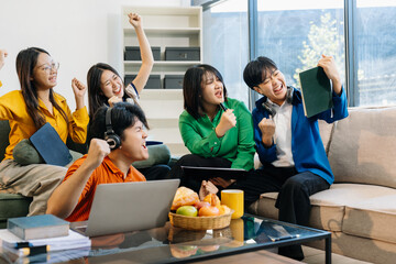 Lifestyle people. happy people of college students excited overjoyed examination results with good...