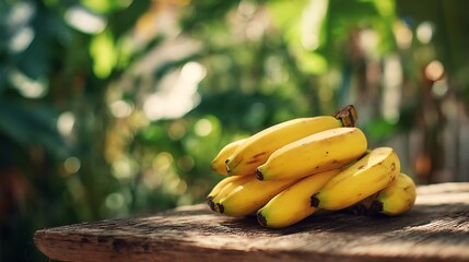 Bunch of Ripe Bananas on Wooden Table, Healthy Eating, Tropical Fruit, Natural Light