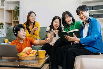 Lifestyle people. happy people of college students excited overjoyed examination results with good news over smartphone or Laptop computer.