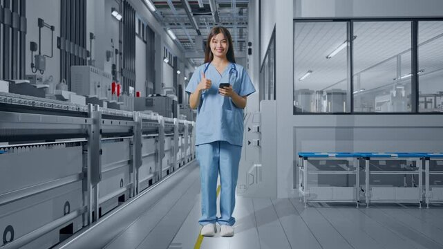 Full Body Of Asian Female Doctor Using Smartphone And Showing Thumbs Up Gesture In Medical Factory