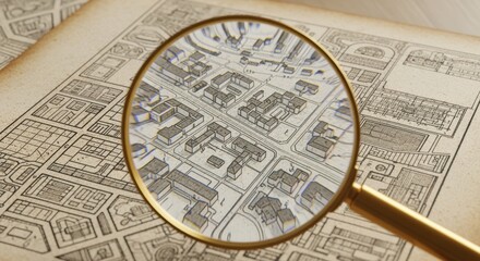 Fototapeta premium Golden magnifying glass reveals intricate details of vintage city map, showcasing urban planning and historical architecture on aged parchment, offering glimpse into past