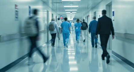 Busy Hospital Corridor with Medical Staff and Patients Moving in a Blur