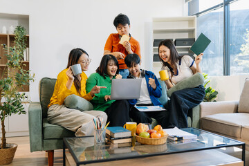 Lifestyle people. happy people of college students excited overjoyed examination results with good...