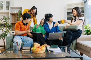 Lifestyle people. happy people of college students excited overjoyed examination results with good...