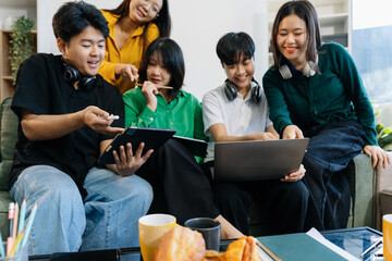 Lifestyle people. happy people of college students excited overjoyed examination results with good...