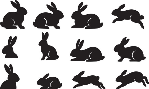 Rabbit silhouette collection black bunny animal poses icon set vector