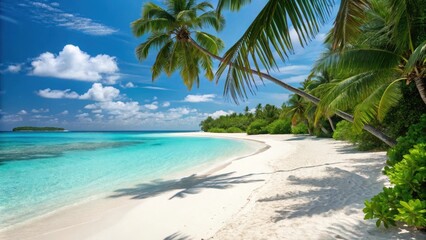 secluded tropical beach with emerald palm trees, pristine white sand, crystal blue Caribbean sea, perfect summer lighting for travel ads
