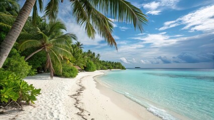 secluded tropical beach with emerald palm trees, pristine white sand, crystal blue Caribbean sea, perfect summer lighting for travel ads