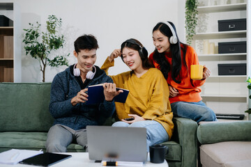 Lifestyle people. happy people of college students excited overjoyed examination results with good...