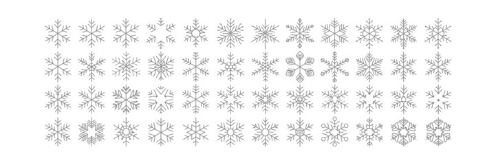 Collection of Various Grey Line Art Snowflakes Isolated on White Background, Winter Icon