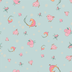 Pastel Birds and Roses Vector Seamless Pattern n a whimsical vintage style