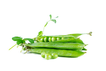 Green pea pods isolated on white background.