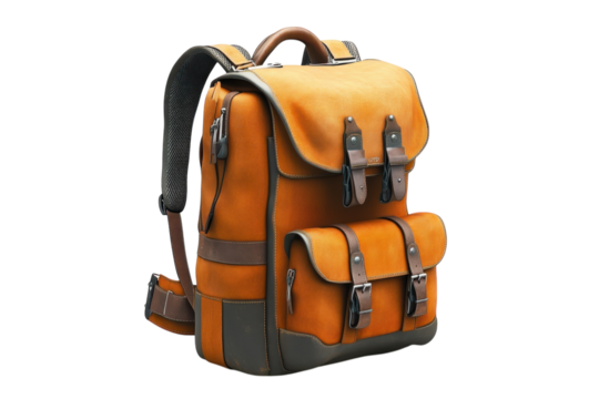 Vintage adventure backpack in brown and tan leather travel bag detailed with pockets straps and