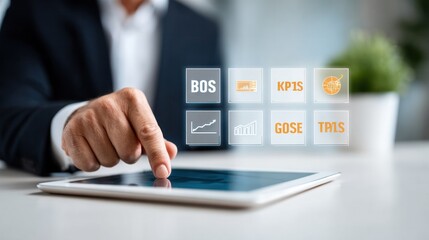 Digital touch to Stock market: A business professional's focused touch on a tablet, showcasing dynamic financial data and market trends.