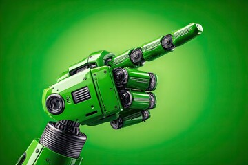 Close-up of a highly detailed, articulated green robot hand pointing. Mechanical, metallic components visible. Bright green background