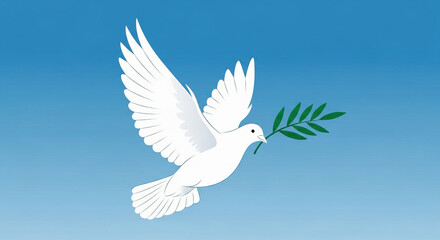 Fototapeta premium White Dove with Olive Branch Flying in Clear Blue Sky – International Day of Peace Illustration