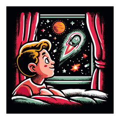 Curious Boy Gazing at Comet from Window in Colorful Cartoon Style