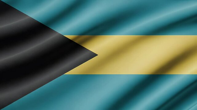 4K seamless loop footage of the Bahamas flag waving gently. Features black triangle and aquamarine/gold stripes, symbolizing national identity, independence, and pride. Ideal for patriotic content.