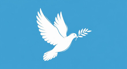 Obraz premium White Dove with Olive Branch Flying in Clear Blue Sky – International Day of Peace Illustration