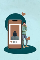 Contemporary artwork collage of happy girl guy stand phone heart notification icon social media...