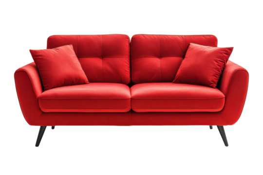 Vibrant red sofa with accent pillows in a home living space Modern couch furniture design on black