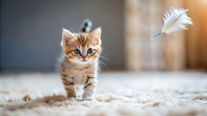 A playful kitten with striking blue eyes approaches a feather toy on a soft, fluffy rug, a scene of domestic feline charm and innocent curiosity.