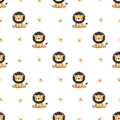Happy lion baby characters – safari-themed seamless pattern in warm tones