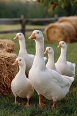 Flock of geese in a rustic farm setting with hay bales and wooden fence