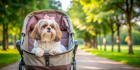 Adorable Shih Tzu puppy enjoys a leisurely stroll in a pet stroller, surrounded by a vibrant, sun-drenched park.