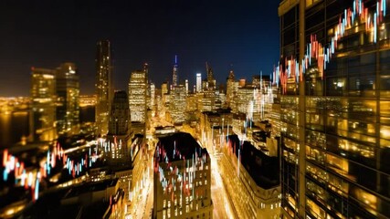 Nightscape Trading: A captivating night view of a towering cityscape, with bright lights illuminating skyscrapers,  set against an active stock chart. A visual representation of the financial market - Powered by Adobe