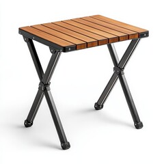 A compact, foldable wooden table with black metal X-shaped legs, ideal for portable use or small spaces.