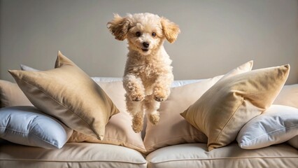 A fluffy, playful canine acrobat leaps joyfully amidst a collection of soft, plush cushions on a comfortable couch, creating a scene of pure domestic delight.