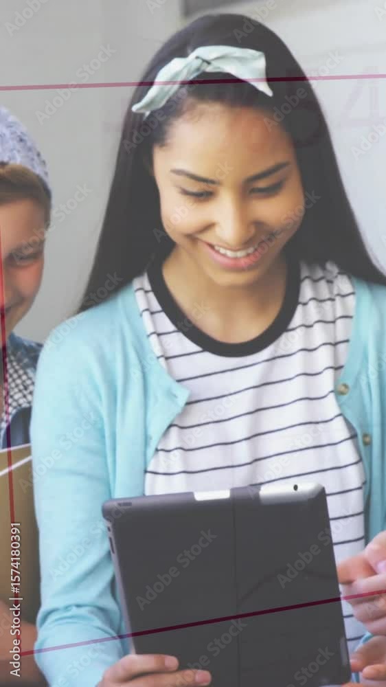 Poster analyzing data and graphs animation over diverse students using tablet