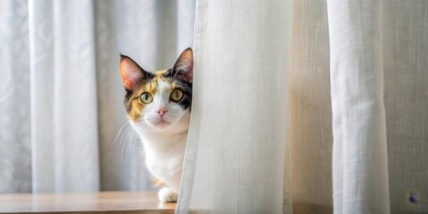 A curious calico cat peeks from behind a sheer curtain, its bright eyes fixed on something unseen beyond the fabric, a moment of playful mystery captured in a domestic setting