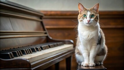 A charming calico cat sits serenely atop a vintage upright piano, its vibrant green eyes captivating the viewer in a moment of peaceful domesticity.