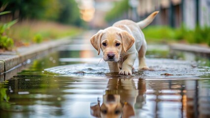 A curious golden puppy explores a puddle reflecting its youthful exuberance in a tranquil outdoor setting