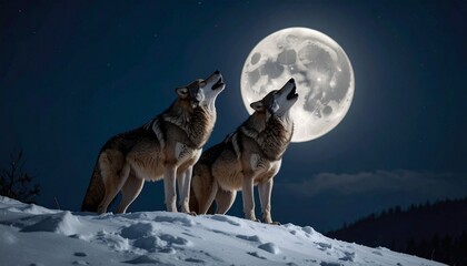 Two Gray Wolves Howling at Full Moon on Snowy Hill in a Winter Wilderness Night