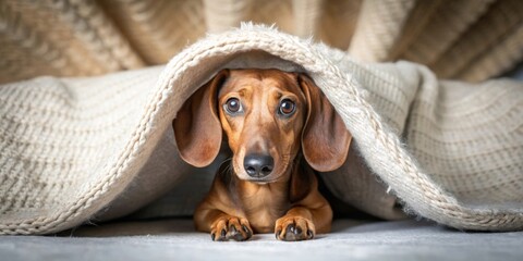 A curious canine peeking from beneath a cozy knitted blanket, a heartwarming scene of domestic tranquility and pet companionship