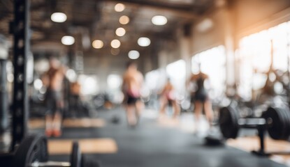 Blurred gym interior with people working out defocused