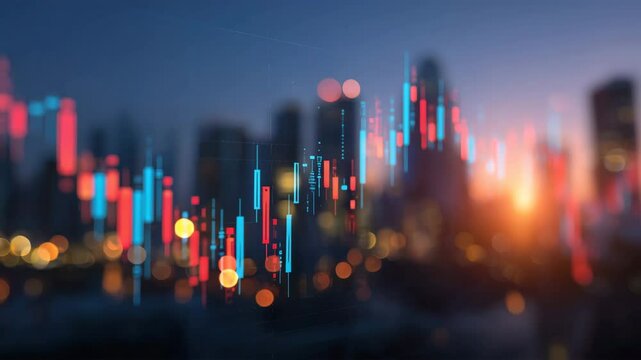 都市背景と株価チャートの成長表現