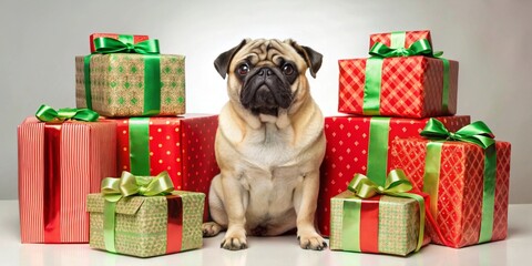 A charming pug patiently awaits the unwrapping of festive holiday presents, surrounded by a stack of beautifully wrapped gifts in shades of red and green