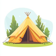 A yellow camping tent set up on grass with trees in the background, ready for outdoor adventure and nature exploration.