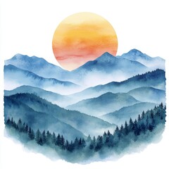 Watercolor painting of layered blue mountains with dense pine forests beneath a large, warm-toned sun in a misty, serene landscape.