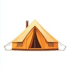 Illustration of a yellow and orange camping tent with an open entrance and secured ropes, ready for outdoor adventure.