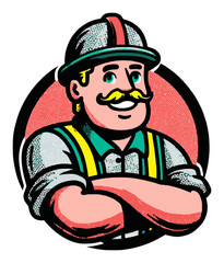 Cartoon Worker Character with Mustache and Safety Helmet Design