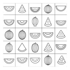Collection of outline watermelon icons, depicting whole and sliced pieces of the refreshing summer fruit.