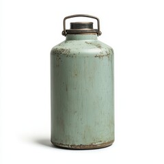 A vintage, weathered metal canister with a handle and a screw-on lid, displaying signs of rust and wear against a white background.