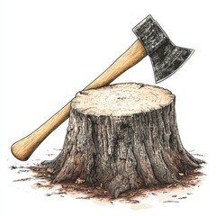 A detailed illustration of a tree stump with an axe embedded in its cut surface, symbolizing woodcutting or forestry work.