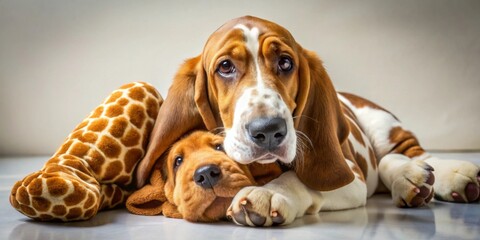 Adorable basset hound puppies cuddling playfully near a stuffed giraffe toy, a heartwarming scene of canine companionship and playful interaction